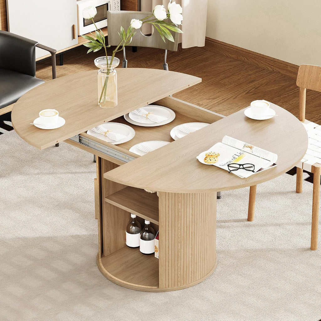 weselon 43'-59' Extendable Round to Oval Dining Table with Hidden Storage, Modern Wooden Kitchen Table with Fluted Sliding Door Cabinet, Expandable Dinner Table for Dining Room Living Room (Natural)