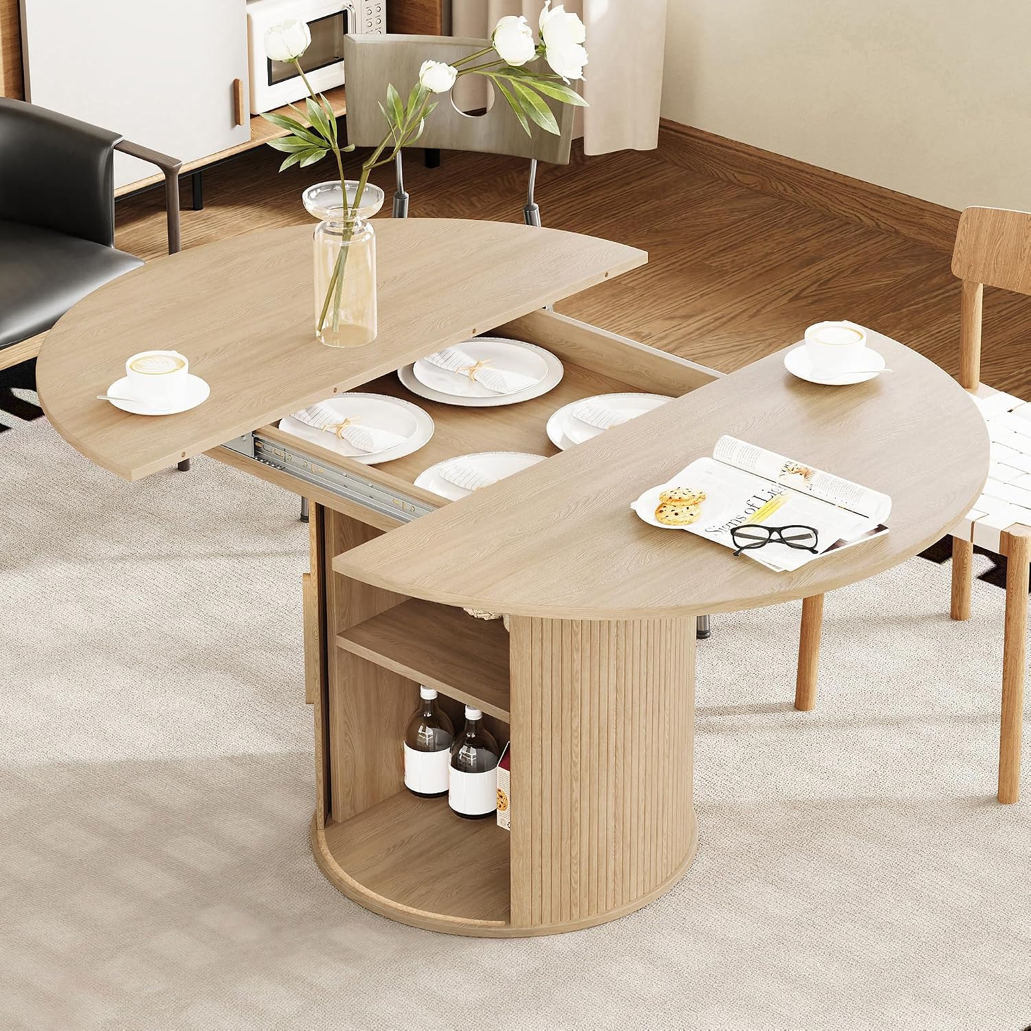 weselon 43'-59' Extendable Round to Oval Dining Table with Hidden Storage, Modern Wooden Kitchen Table with Fluted Sliding Door Cabinet, Expandable Dinner Table for Dining Room Living Room (Natural)