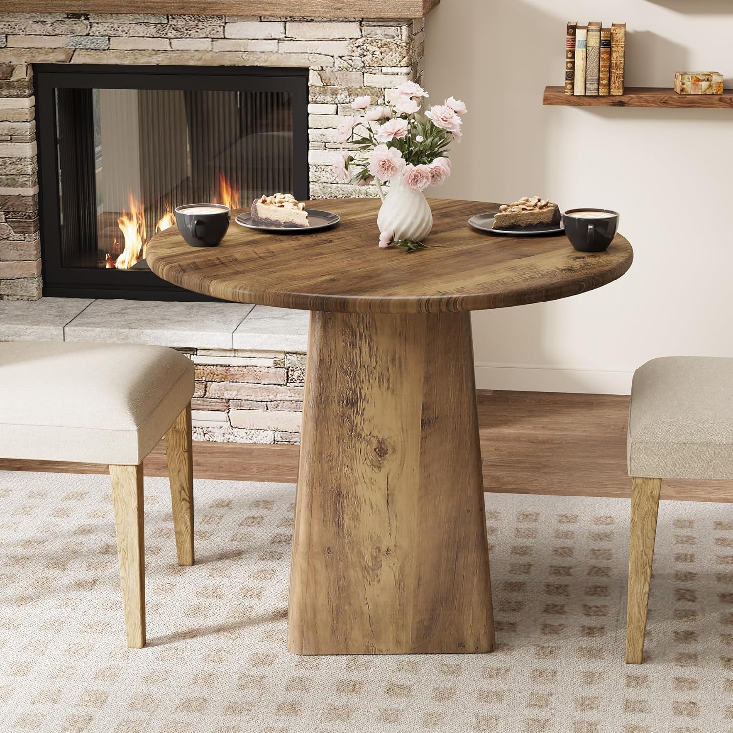 Tribesigns 31.5-Inch Round Dining Room Table for 2-4, Farmhouse Small Kitchen Dinner Table with Square Base for Dining Room Living Room, Rustic Brown