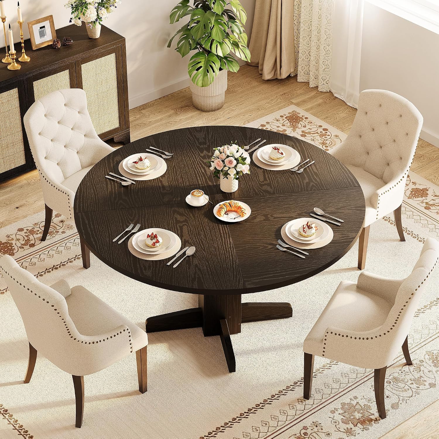 IDEALHOUSE Round Dining Table for 4-6 People, 47' Wood Kitchen Table with Sturdy Pedestal Base, Farmhouse Circle Dinner Tables for Dining Room, Living Room, Apartment, Black