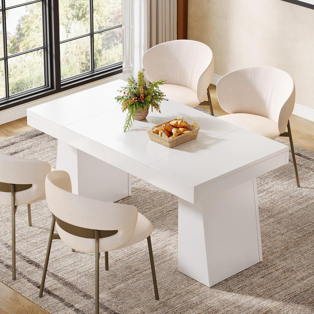 Tribesigns 55-Inch Dining Room Table for 4, Mid-Century Modern Dining Table with Double Pedstral, Rectangular Wood Kitchen Dinner Tables for Dining Room, Kitchen, Home, White (Only Table)