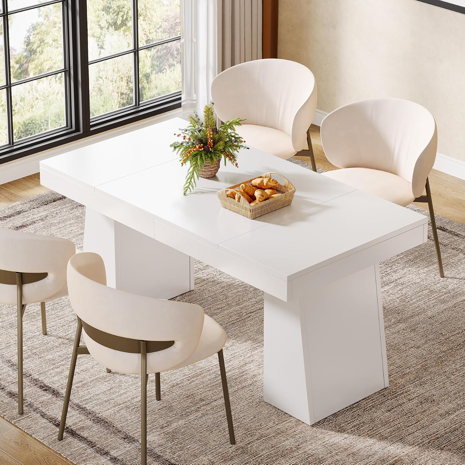 Tribesigns 55-Inch Dining Room Table for 4, Mid-Century Modern Dining Table with Double Pedstral, Rectangular Wood Kitchen Dinner Tables for Dining Room, Kitchen, Home, White (Only Table)