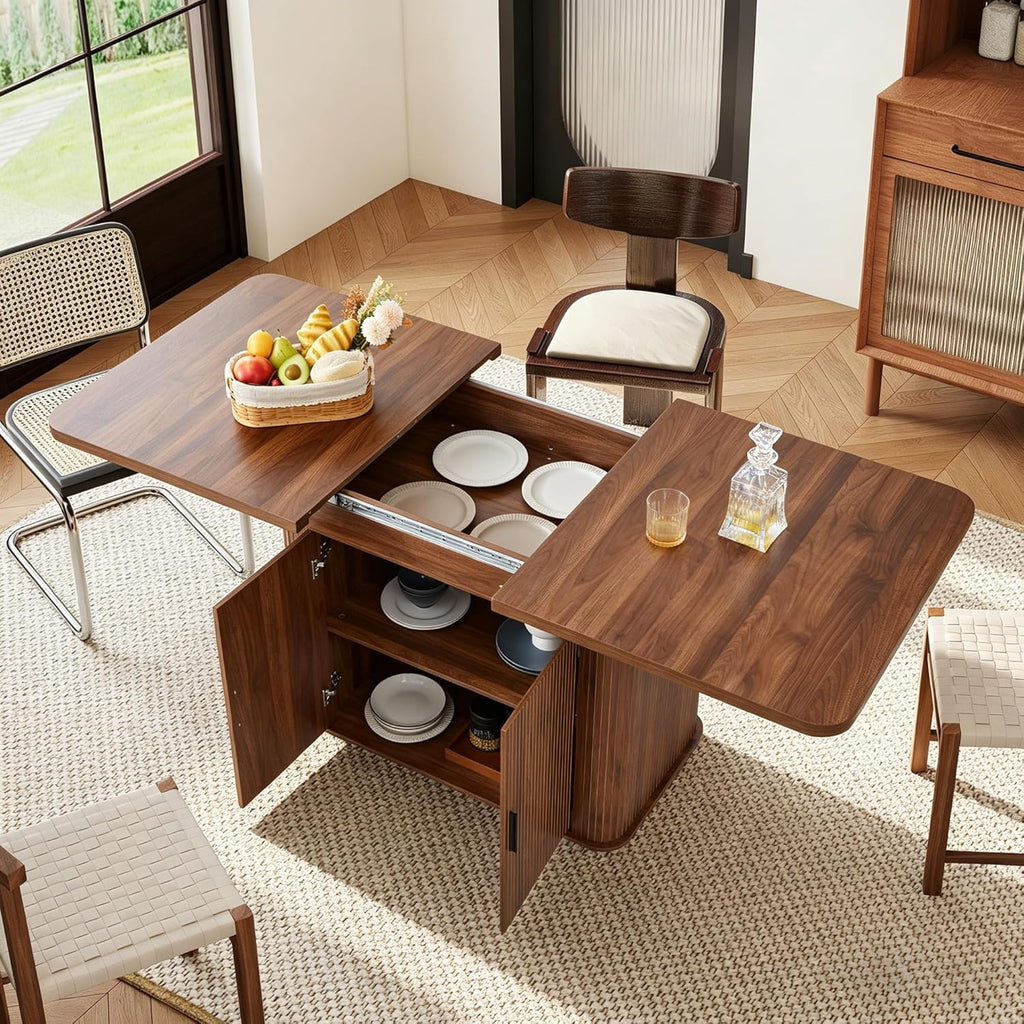 weselon 55'-71' Extendable Dining Table with Storage, Expandable Kitchen Table for 4-6, Space Saving Dining Room Table with Hidden Storage Cabinet, Adjustable Shelves & Fluted Base (Walnut)