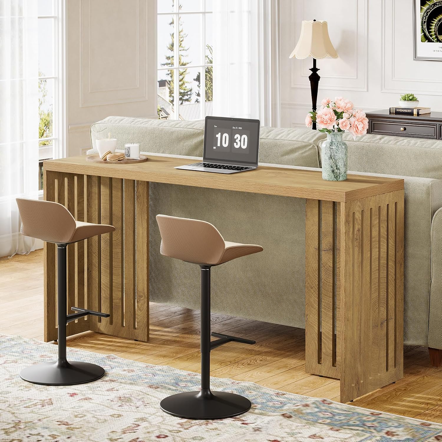 Tribesigns Bar Table, 63-Inch Counter Height Pub Table, Industrial Bar Height Table, Rectangular High Top Kitchen & Dining Counter Tables with Louvered Base for Narrow Space, Natural
