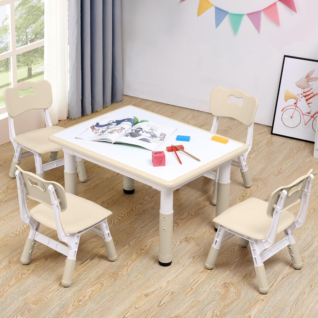 Adjustable Kids Table & Chairs Set for Ages 3-8 | 31.5'x23.6' Easy-Clean Activity Table | Meets ASTM/CPSC Standards for Daycare, Homeschool & Playroom (Natural, 4 Chairs)