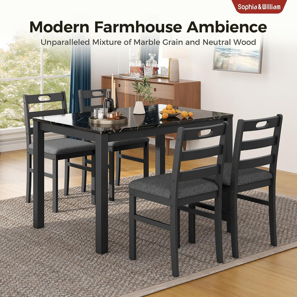 Sophia & William 5 Piece Dining Table Set for 4, Faux Marble Kitchen Table and Chairs Set, Solid Wood Farmhouse Dinner Table Set,Veined Black Marble & Gray