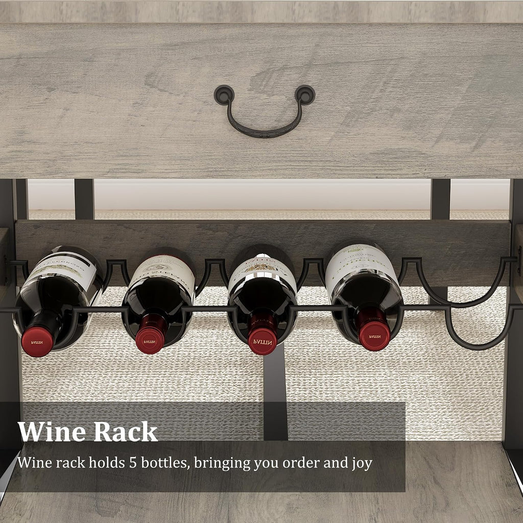 GarveeHome Dining Table Set for 4, Kitchen Dining Table Set with Upholstered Benches, Kitchen Dining Room Table with Storage Drawers & Wine Rack for Small Space, Light Grey