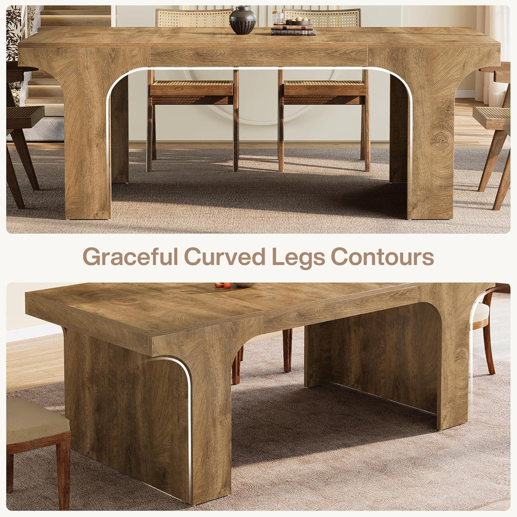 Tribesigns 71-Inch Farmhouse Dining Table for 6-8, Long Wooden Kitchen Table with Arched Design, Large Rectangular Dining Room Furniture with Double Pedestal for Dinner, Banquet, Natural Wood Grain