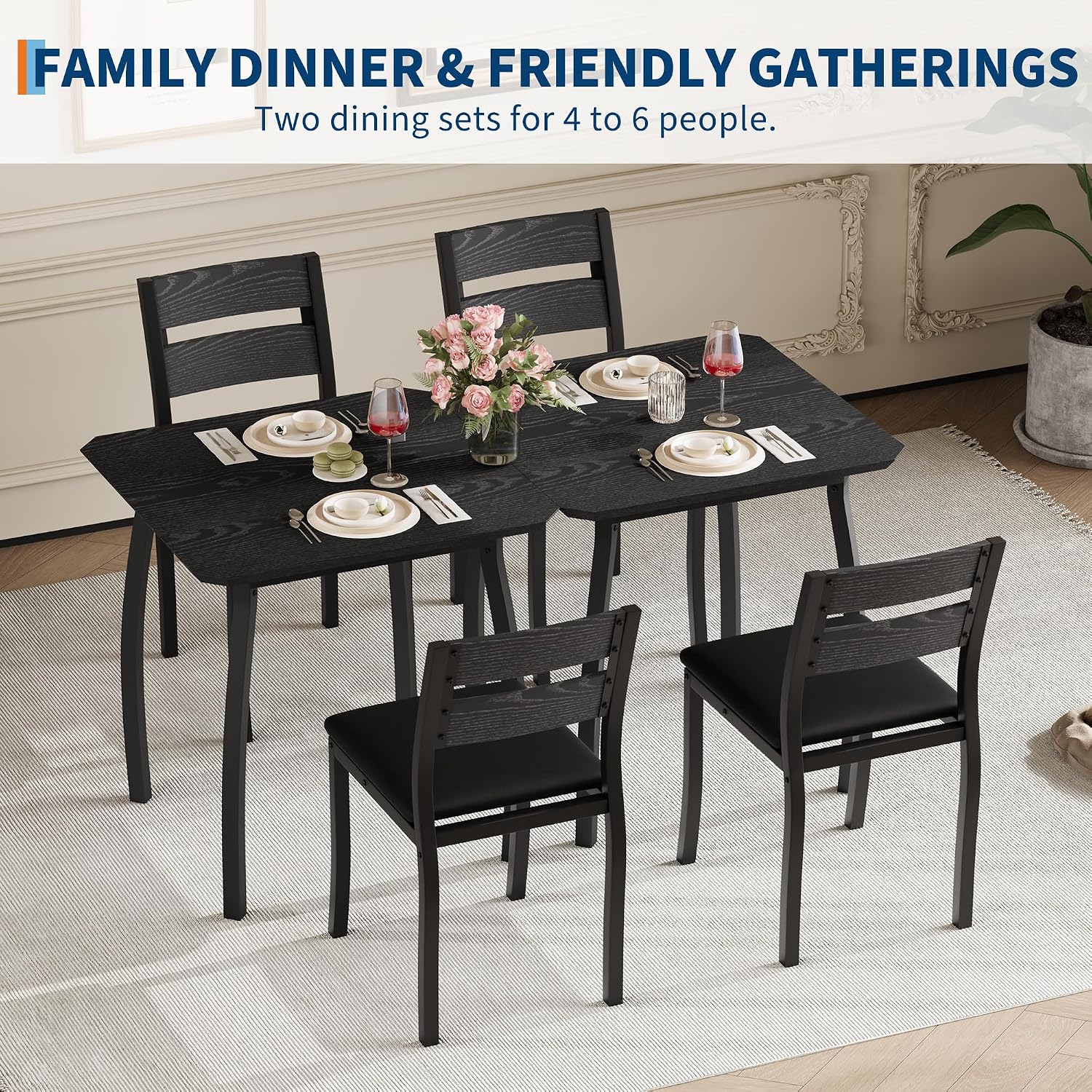 Garvee 3 Piece Dining Table Set for 2, Small Kitchen Table with Metal Frame & Wood Tabletop, Includes 2 Upholstered Chairs, for Apartment, Home Kitchen, Black