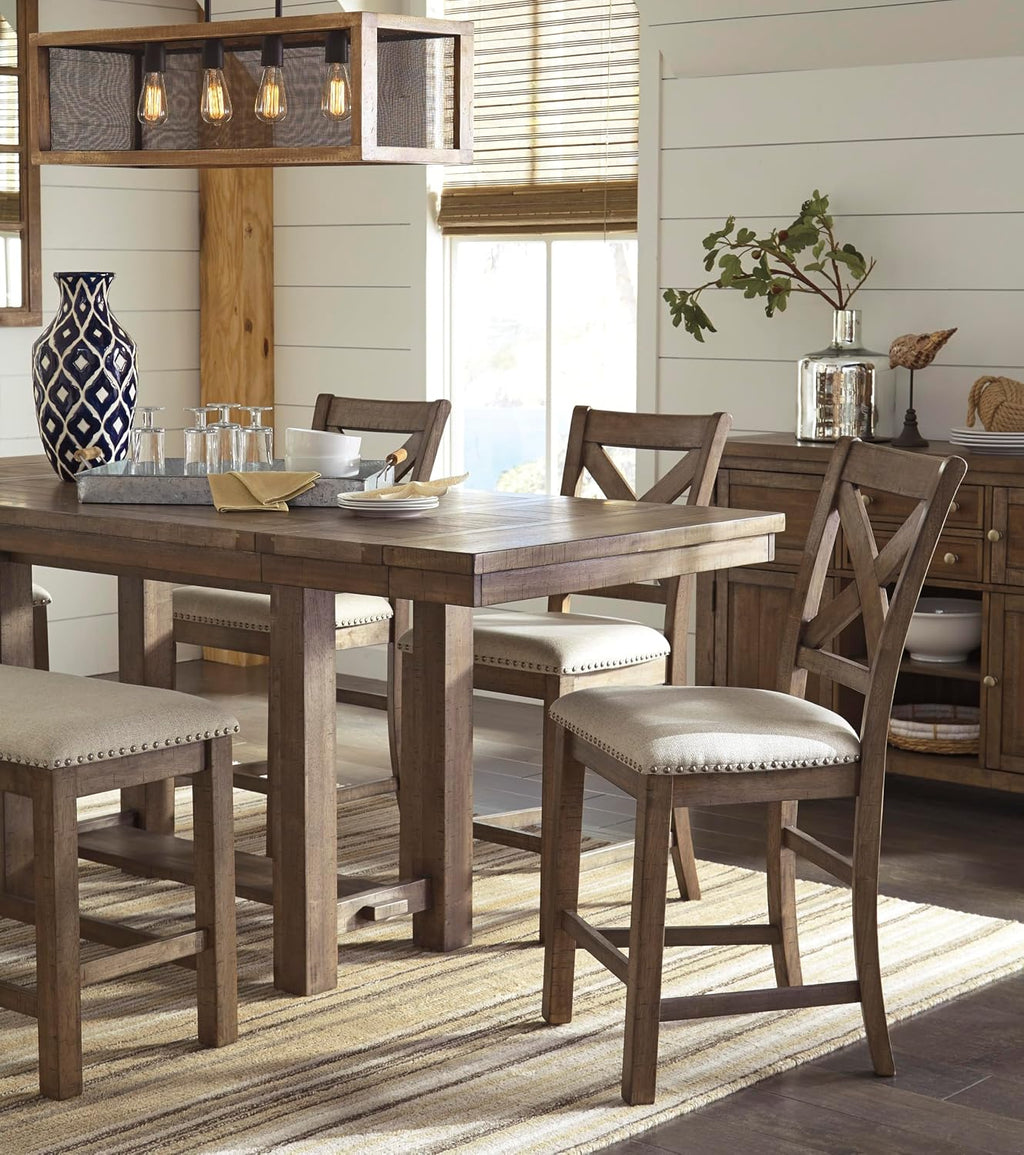 Signature Design by Ashley Moriville Rustic Farmhouse Counter Height Dining Extension Table, Separate Extension Leaves, Seats 8, Wood, 36' W x 86' D x 36' H, Brown