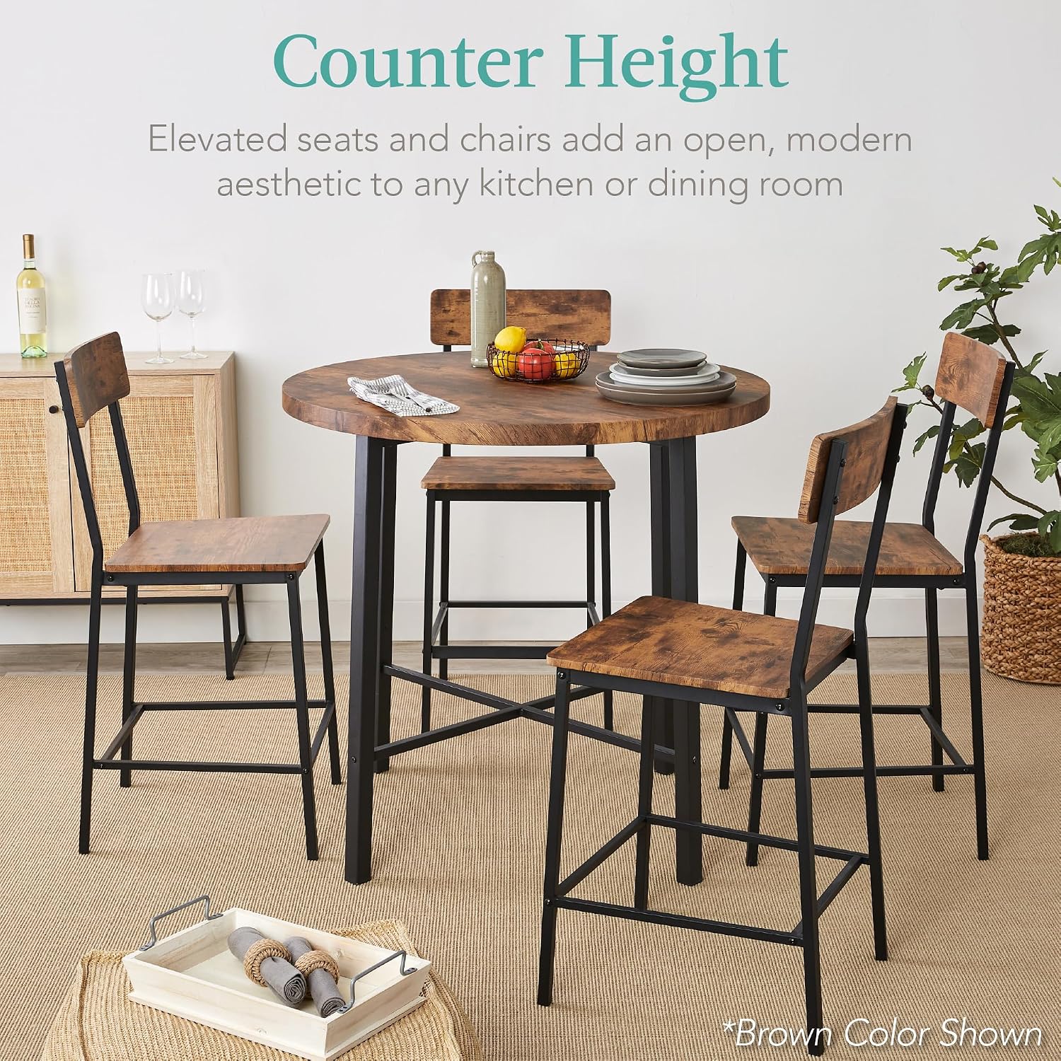 Best Choice Products 5-Piece Modern Round Counter Height Dining Set for Home Kitchen, Dining Room w/ 4 Chairs, 1.5in Thick Table - Light Brown/Black
