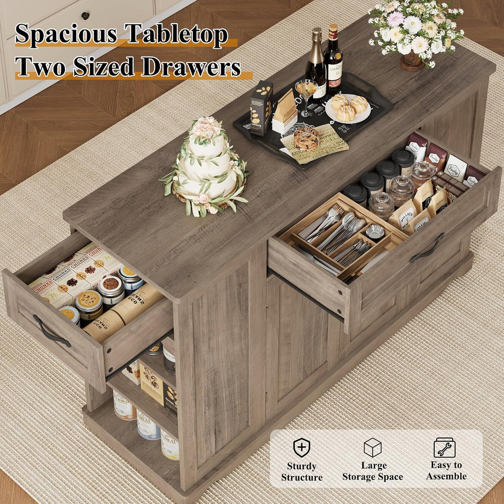 HOSTACK Kitchen Island Cart with Storage, 47'' Kitchen Storage Island on Wheels with 2 Drawers, Rolling Island Table with Adjustable Shelves, Mobile Buffet Sideboard Cabinet for Dining Room, Ash Gray