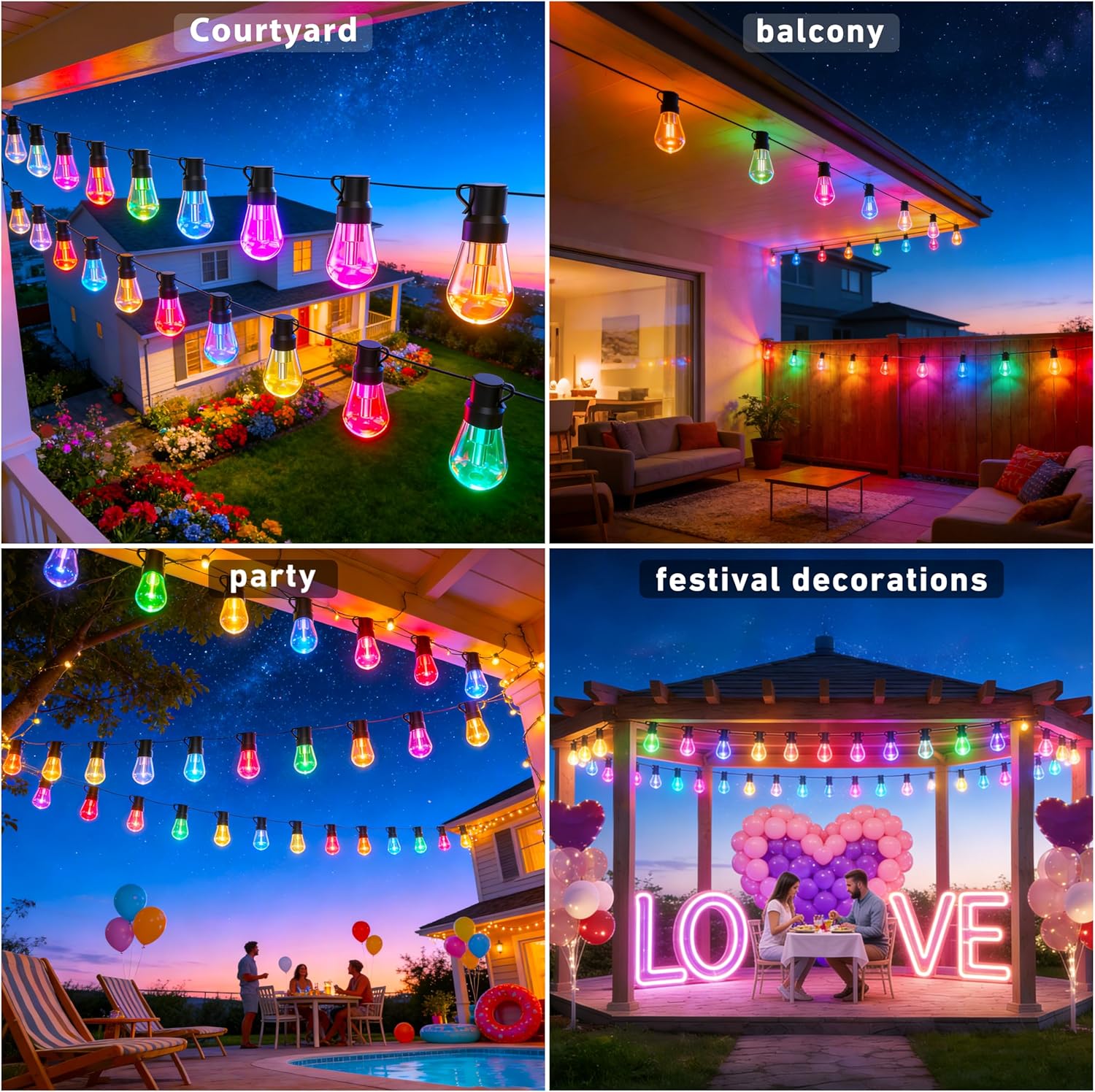 300FT RGB+IC Outdoor String Lights, Dimmable Shatterproof LED Bulbs, IP67 Waterproof DreamColor Chasing Lights, Multicolor Dynamic Lighting for Patio Balcony Garden & Outdoor Living Area Decoration