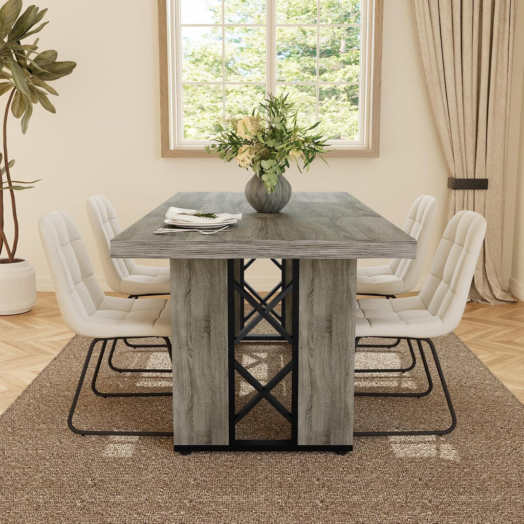 HIPIHOM 7-Piece Dining Table Set for 6 People, 70.8' MDF Kitchen Table with 6 Upholstered Chairs, Space-Saving for Dining Room, Breakfast Nook(Grey Table+6 White Chairs)