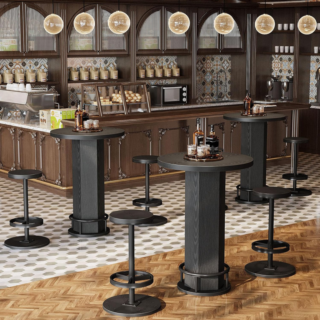 Tribesigns Round Commercial Dining Table Set of 4, 23.6' Heavy Duty Bar Table with Chairs, Wooden Kitchen Table for Restaurant, Cafe, Bakery, Apartment, Rustic Brown & Black