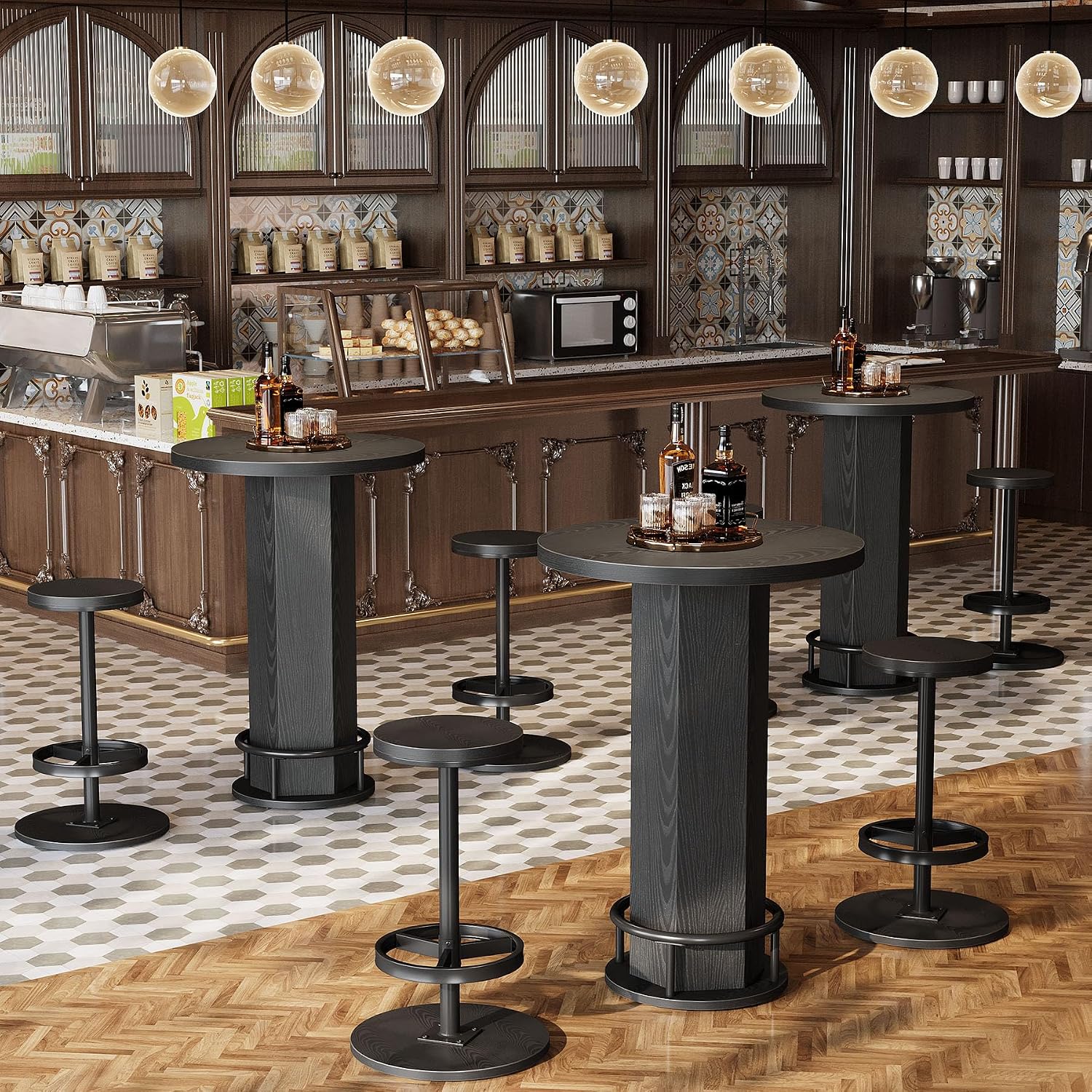 Tribesigns Round Commercial Dining Table Set of 4, 23.6' Heavy Duty Bar Table with Chairs, Wooden Kitchen Table for Restaurant, Cafe, Bakery, Apartment, Rustic Brown & Black
