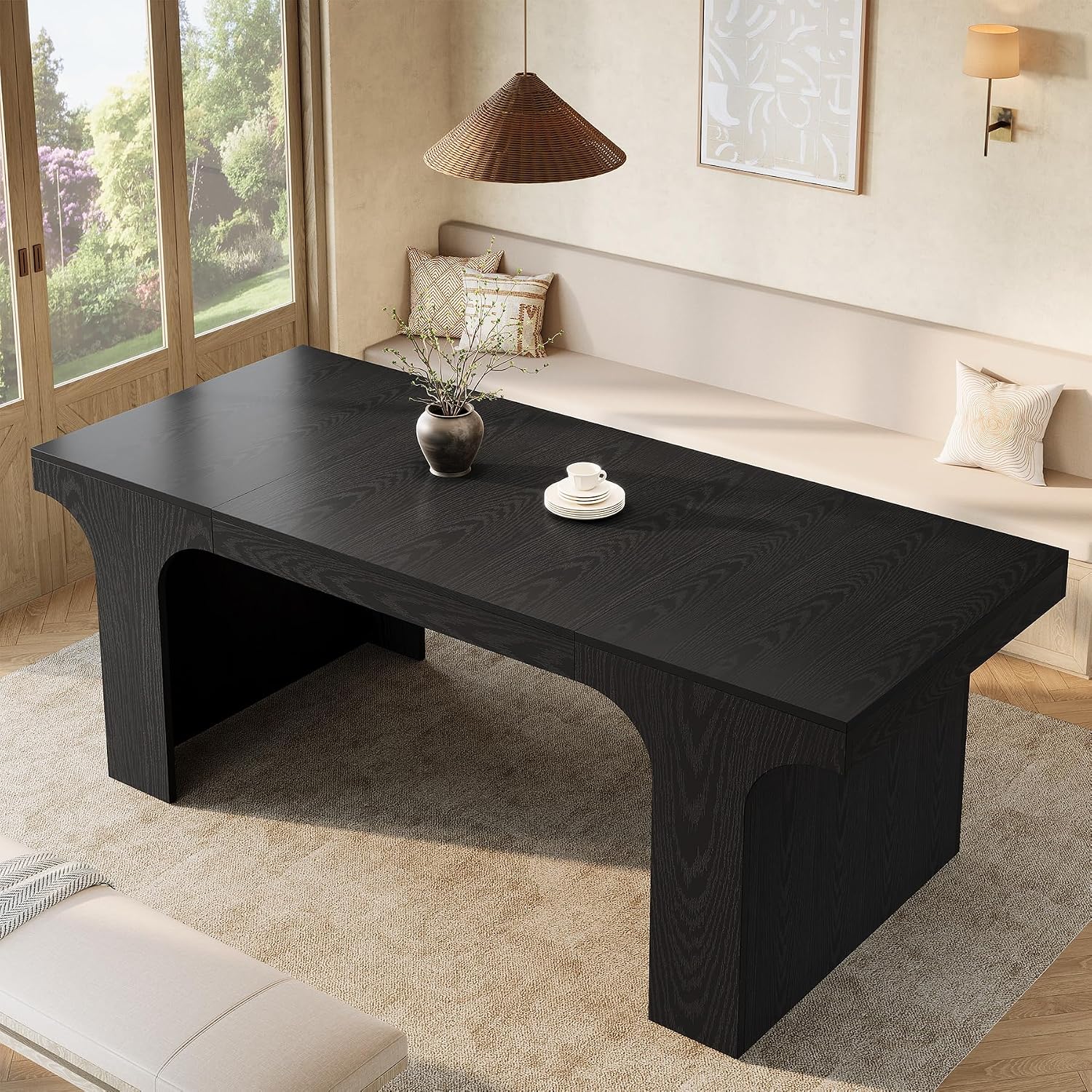 Tribesigns 71-Inch Farmhouse Dining Table for 6-8, Long Modern Wooden Kitchen Table with Arched Design, Large Rectangular Dining Furniture with Double Pedestal for Dinner Room, Black