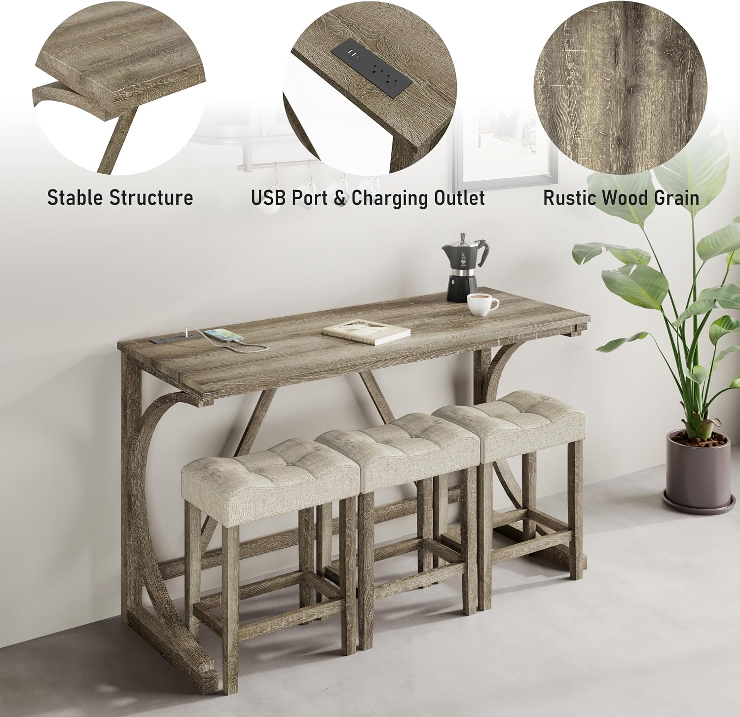 allamazing 4-Piece Counter High Bar Table Set with Socket and 3 Fabric Padded Bar Stools, Tall Kitchen Breakfast Nook with Stool (1+3 Natural)