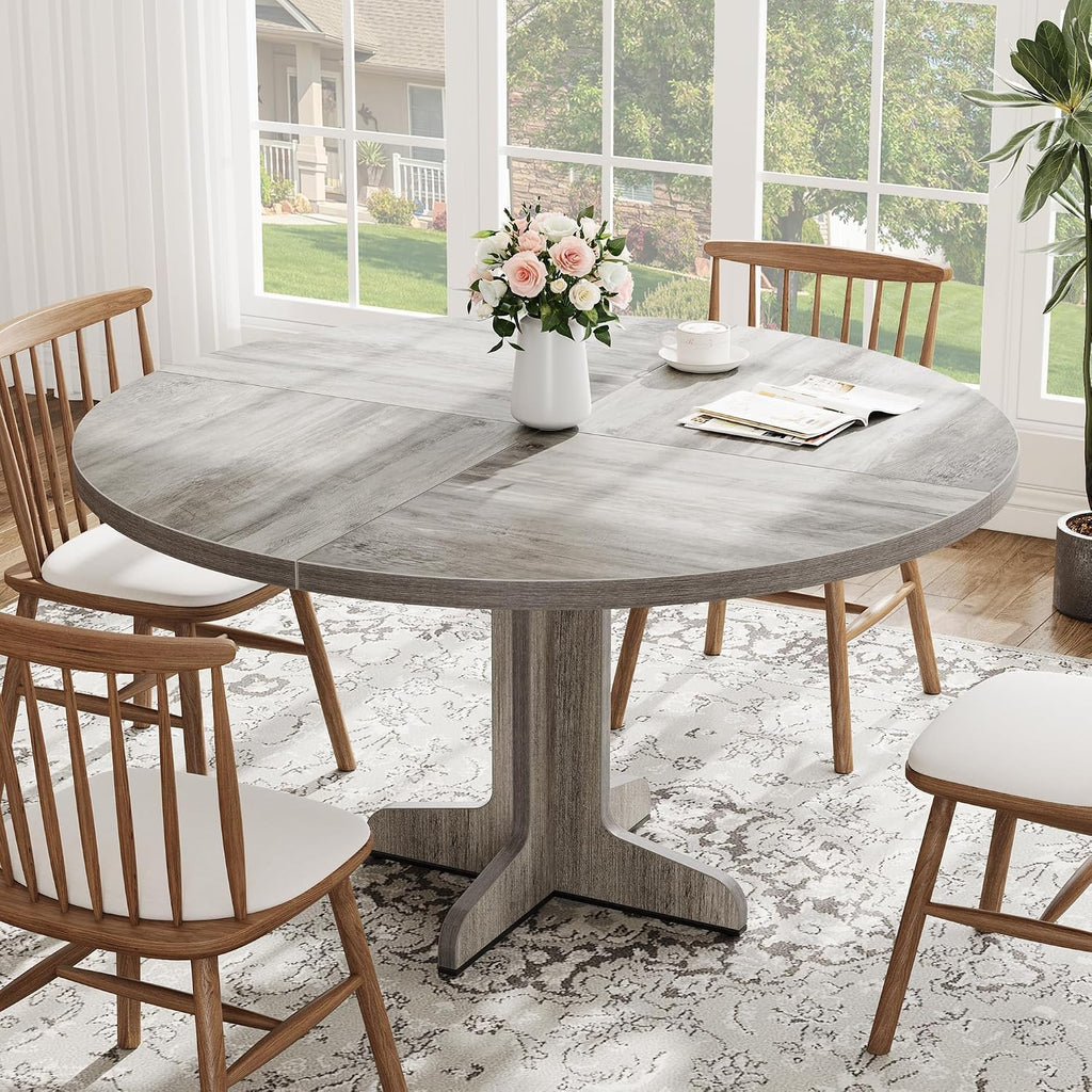IDEALHOUSE Round Dining Table for 4, 47 Inches Dining Room Table with Wooden Base, Circle Kitchen Dinner Table for Dining Room, Kitchen, Living Room (Table Only), Grey