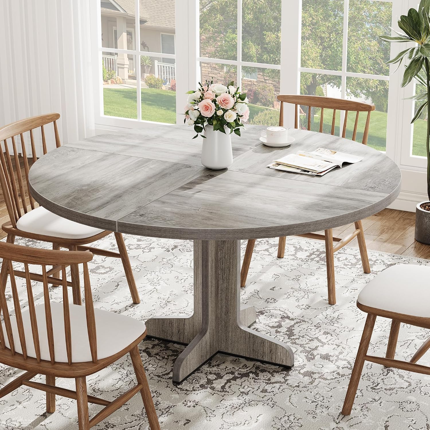 IDEALHOUSE Round Dining Table for 4, 47 Inches Dining Room Table with Wooden Base, Circle Kitchen Dinner Table for Dining Room, Kitchen, Living Room (Table Only), Grey