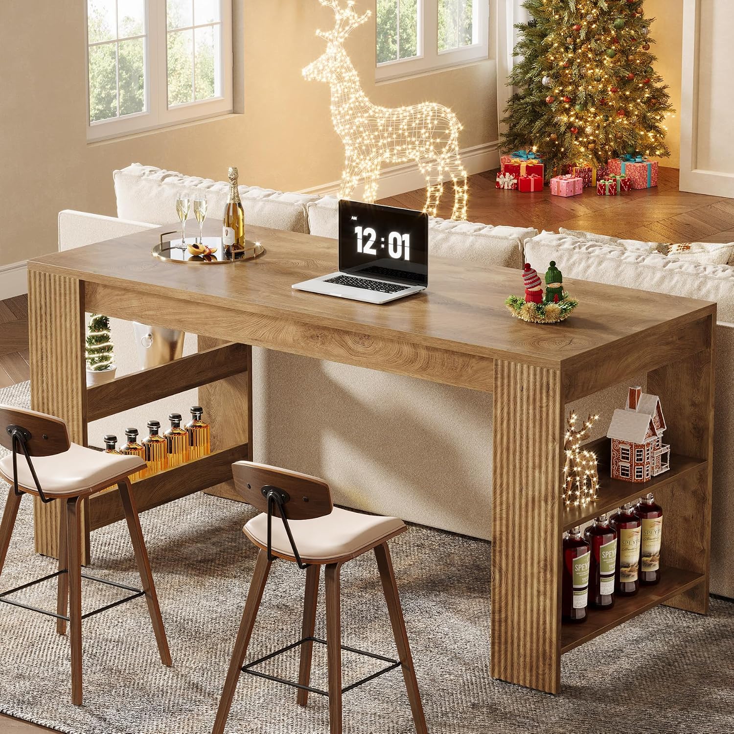 Tribesigns 63-Inch Bar Table, Farmhouse Counter Height Pub Table with Storage Shelves, High Top Bar Unit for Kitchen, Dining Room, Bistro, Natural