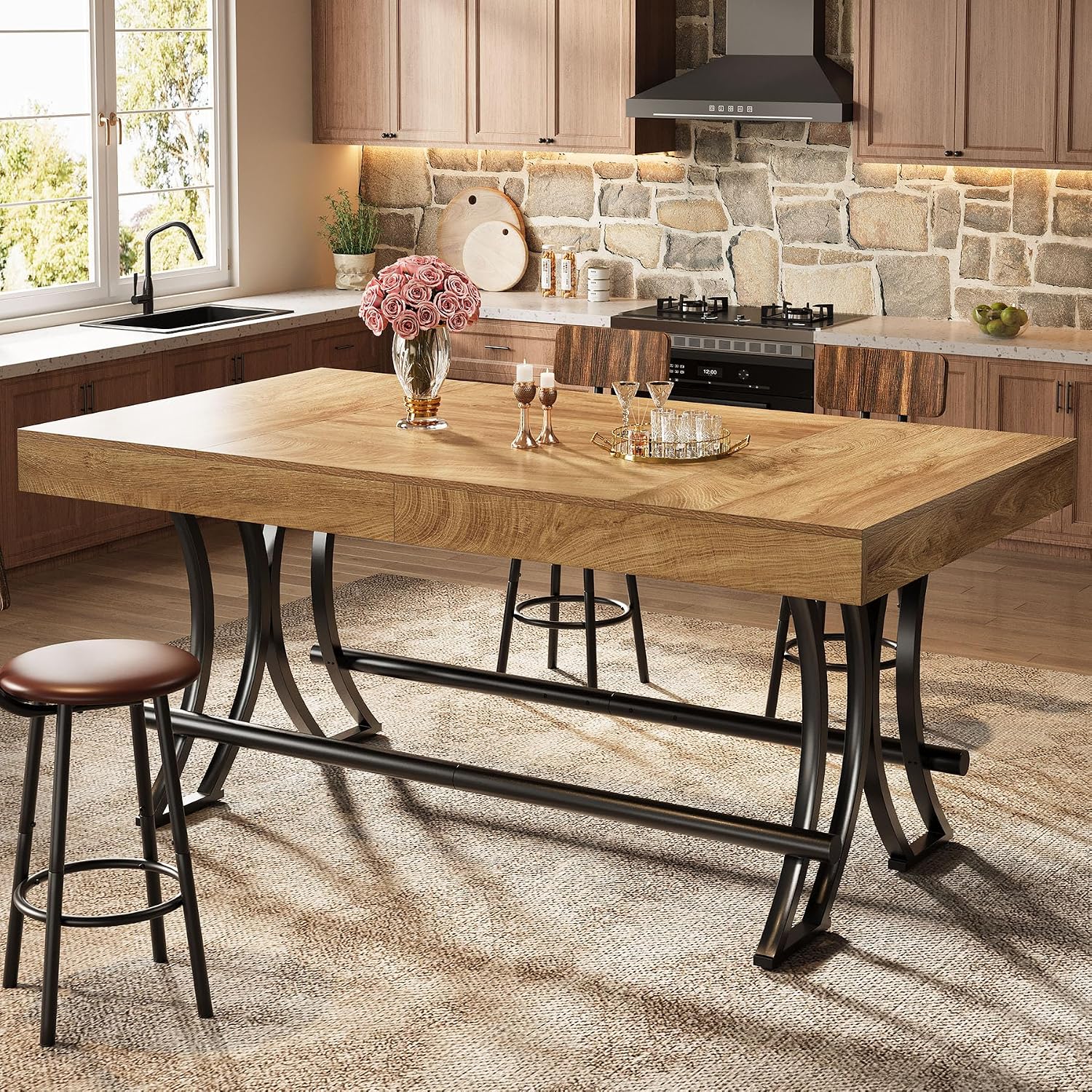 Tribesigns 63' Counter Height Bar Table with Metal Footrest, Rectangular Tall Kitchen Dining Pub Table, Industrial Home Bar Unit for Entertaining, Freestanding, Rustic Brown