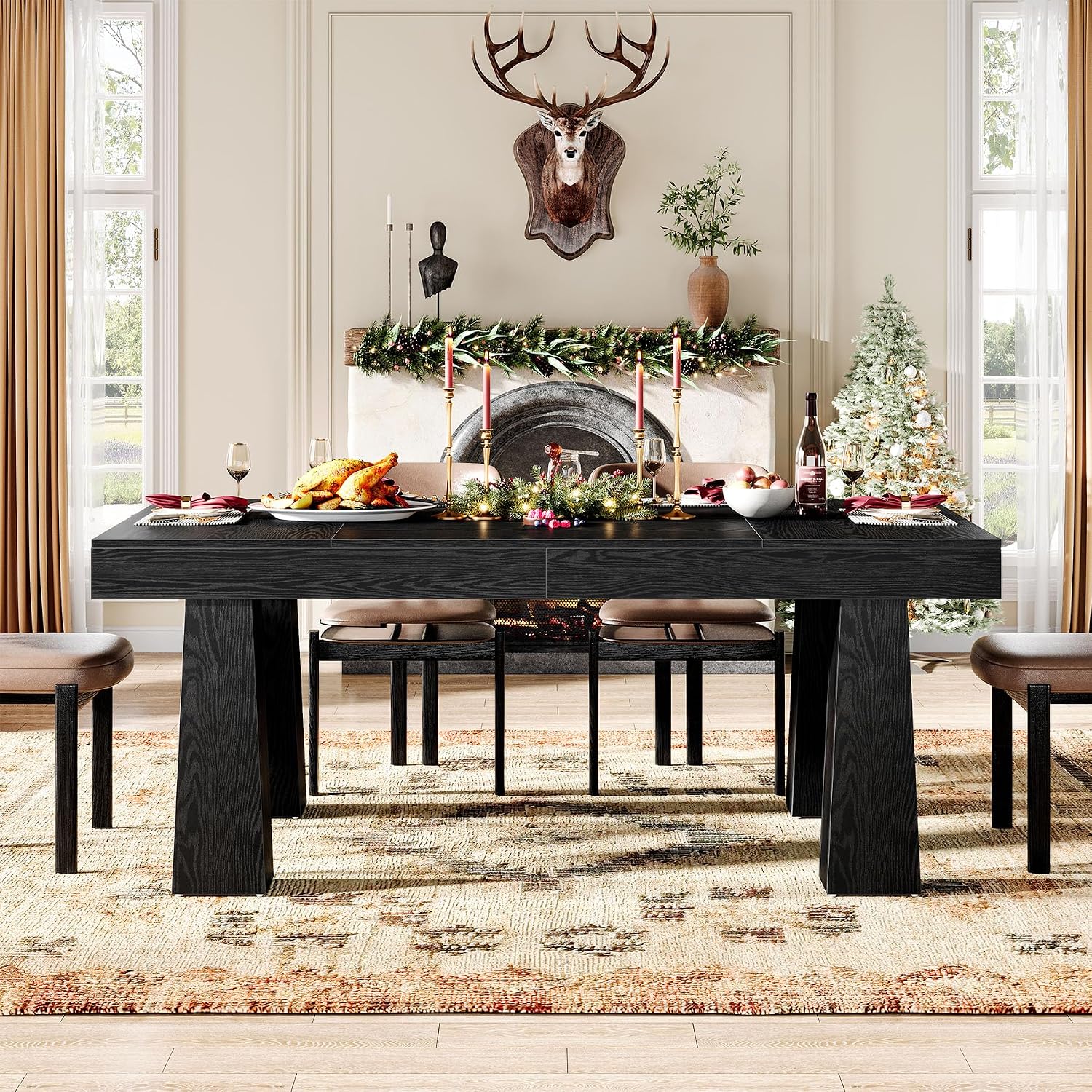 Tribesigns 63'' Dining Table, Modern Rectangular Kitchen Table with Heavy Duty Tapered Legs, Black Business Dinner Table for Dining Room, Cafe, Restaurant, Easy Assembly (1, Black)