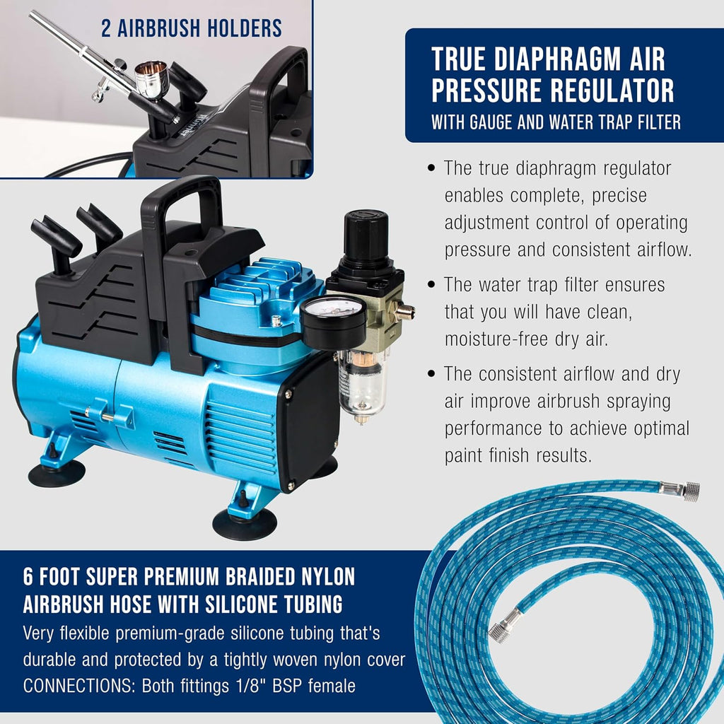 Master Airbrush 1/5 HP Cool Runner Dual Fan Air Compressor Kit Model TC-420 - Professional Single-Piston with 2 Cooling Fans, Longer Running Time without Overheating, Regulator Water Trap Holder