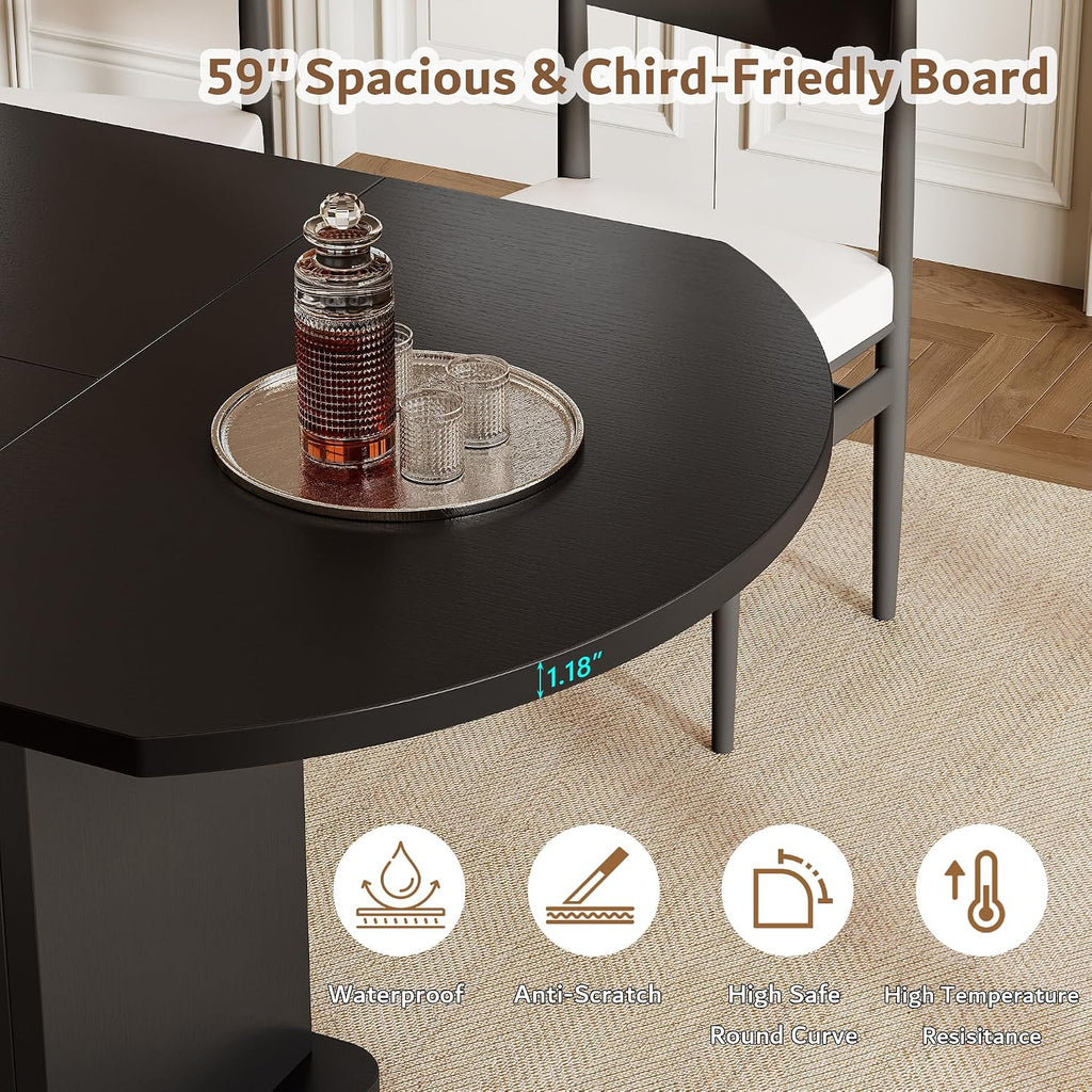 iPormis Round Dining Table for 4-6, 59'' Extendable Dining Room Kitchen Table with 2-Tier Storage Shelf, Wood Dinner Table with Door, Sturdy Pedestal Base, Space Saving, Kitchen, Dining, Black