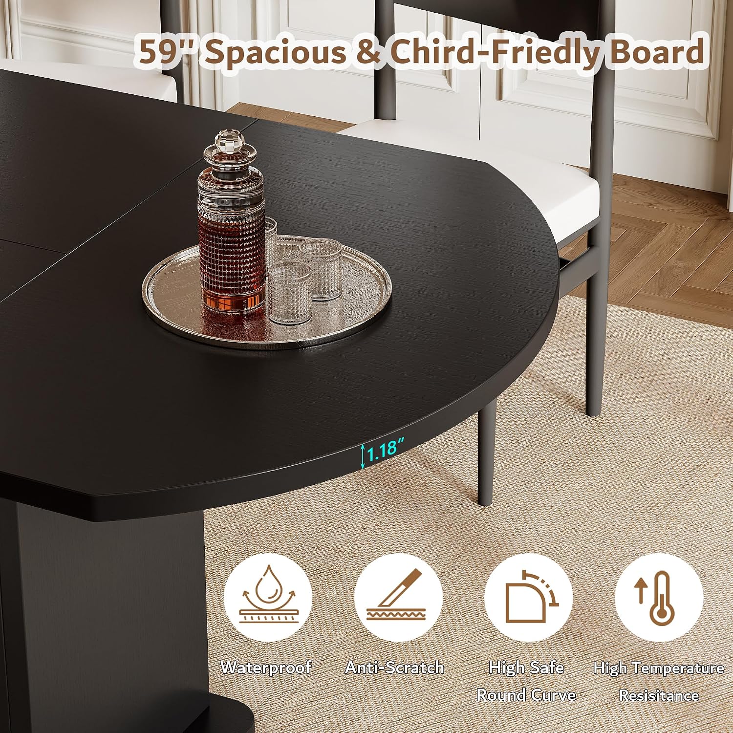 iPormis Round Dining Table for 4-6, 59'' Extendable Dining Room Kitchen Table with 2-Tier Storage Shelf, Wood Dinner Table with Door, Sturdy Pedestal Base, Space Saving, Kitchen, Dining, Black