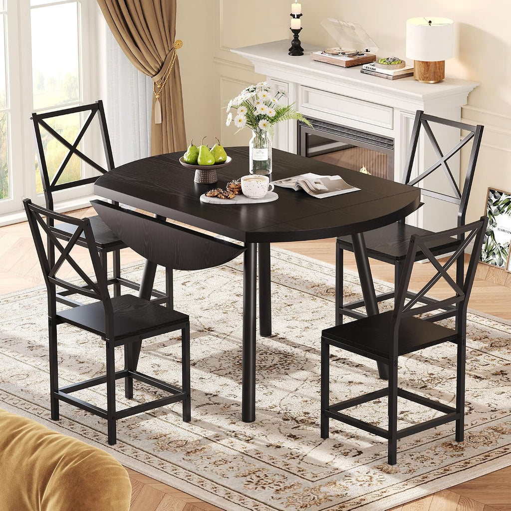 IRONCK Dining Table Set for 4, Round Kitchen Table and 4 Stool Chair for Dining Room, 44.5inch Drop Leaf Desk, Small Space Saving, Black