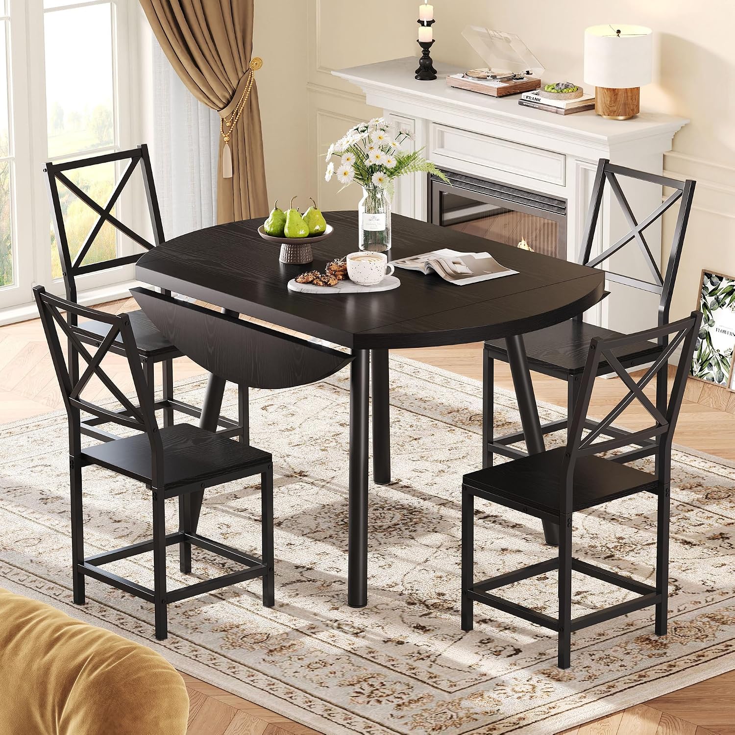 IRONCK Dining Table Set for 4, Round Kitchen Table and 4 Stool Chair for Dining Room, 44.5inch Drop Leaf Desk, Small Space Saving, Black