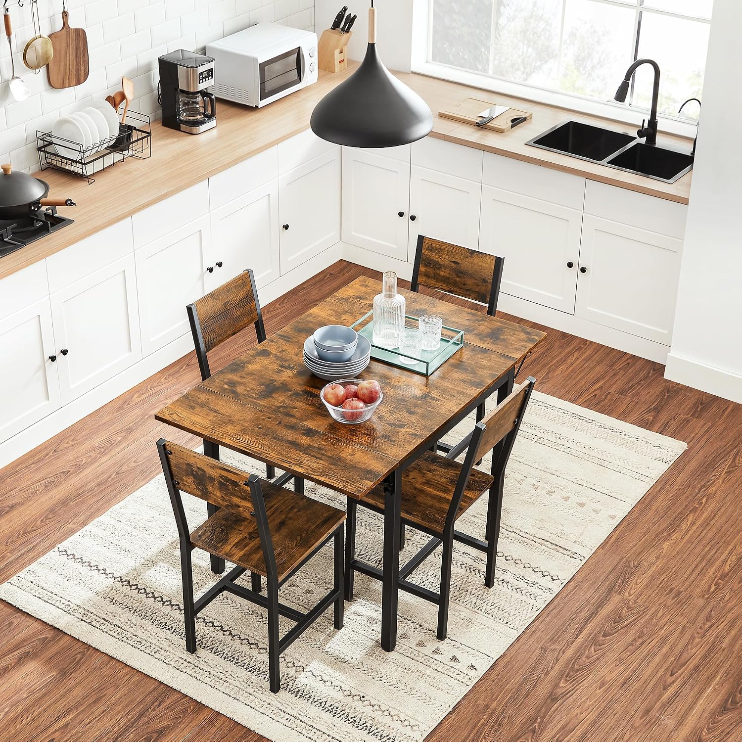 VASAGLE Extendable Dining Set, Dining Table with 2 Chairs, for Kitchen, 33.3-47.3 Inches Wide, Steel Frame, Rustic Brown and Ink Black LDC092B01V1-03