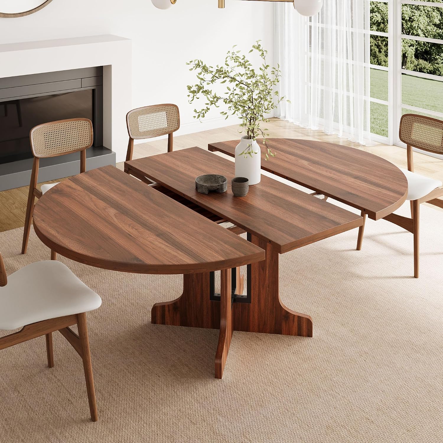 Feonase 59' Round Extendable Dining Room Table for 4-6, Modern Oval Kitchen Table with Heavy Duty Wood Base, Metal Frame Support, for Dining Kitchen Living Room, Easy Assembly, Noise-Free, Walnut