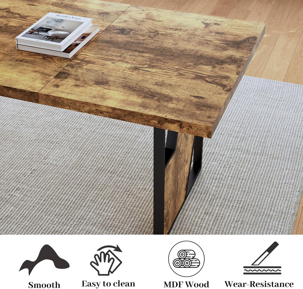 HIPIHOM 70.8' Wooden Dining Table with 2 Benches, Modern Kitchen Table and Chairs Set for 4-6 Person, Thickened MDF Wooden Table with Dining Bench for Living Dining Room, Kitchen, Office