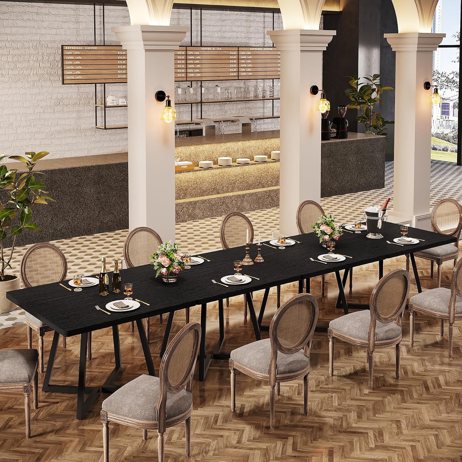 Tribesigns Square Commercial Dining Table Set of 6, 31.5' Heavy Duty Dinner Table with Metal Base, Wooden Kitchen Table for Restaurant, Cafe, Bakery, School, Apartment, Black