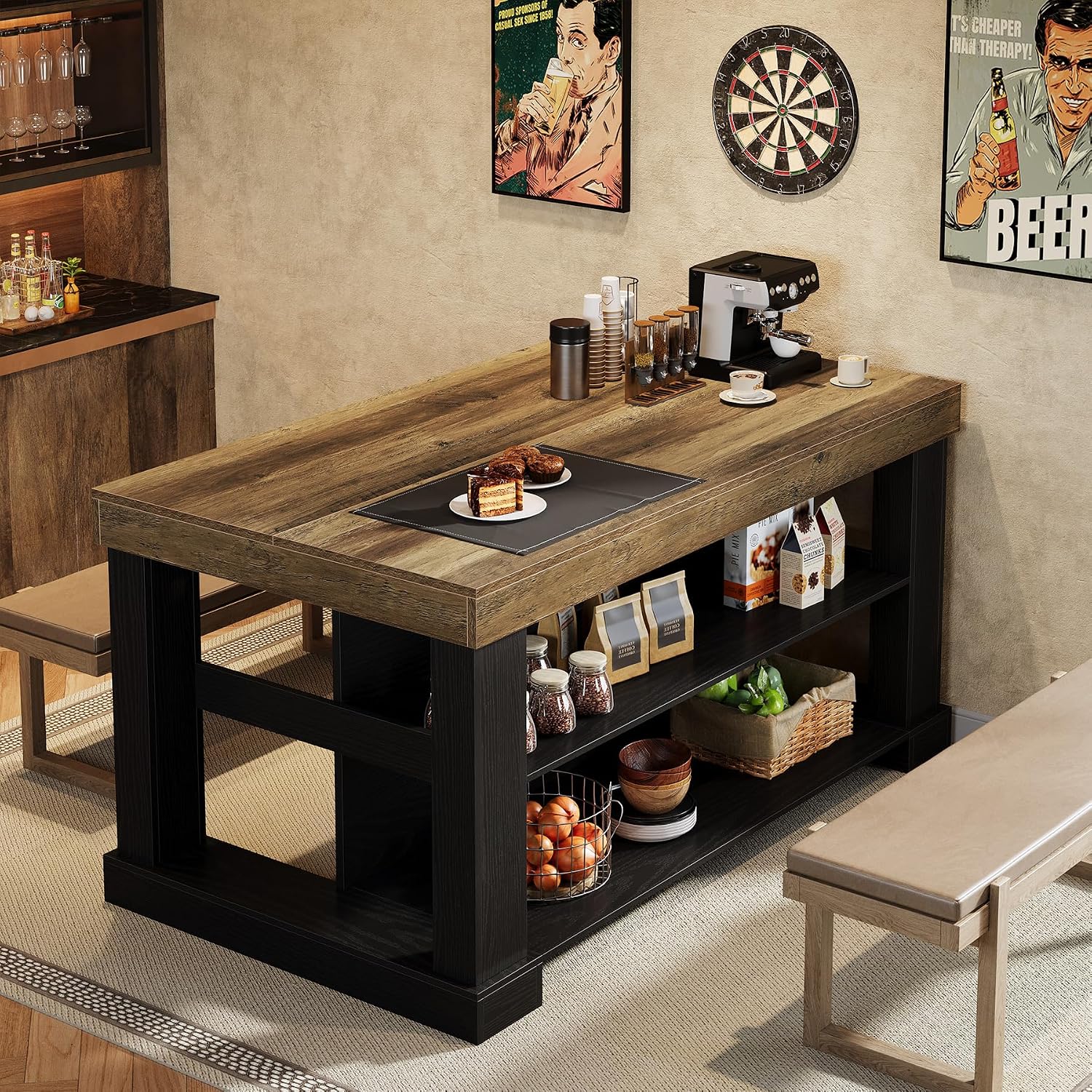 Tribesigns Bar Table, 55-Inch Counter Height Pub Table with Storage Shelves, High Top Kitchen Dining Table, Rectangle Wood Home Bar Unit for Dining Room, Bistro, Black and Brown