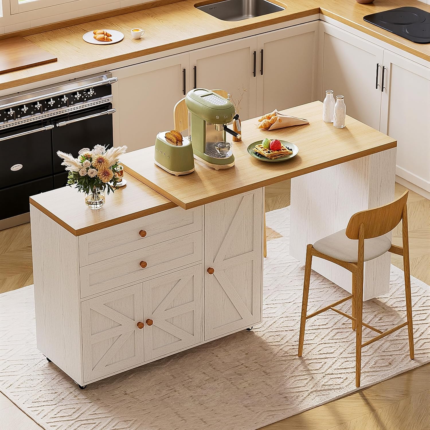 IRONCK Kitchen Island with 360° Swivel Table, 71 inch Rolling Kitchen Island Cart with Storage, Home Bar Table with Spice Rack and Drawers, Mobile Wood Kitchen Island on Wheels, White