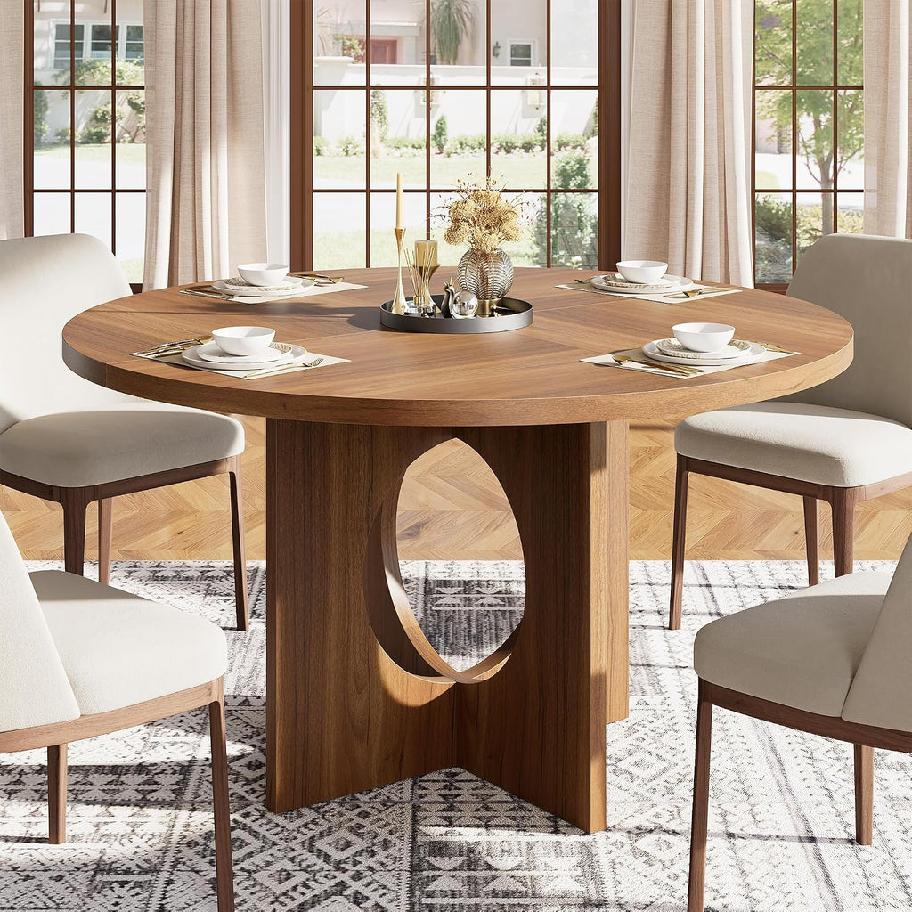 Garvee 47' Round Dining Table for 4-6 People - Circle Kitchen Dinner Table with Sturdy Pedestal Base, Space Saving Dinning Room Furniture for Living Room, Kitchen, Apartment, Brown
