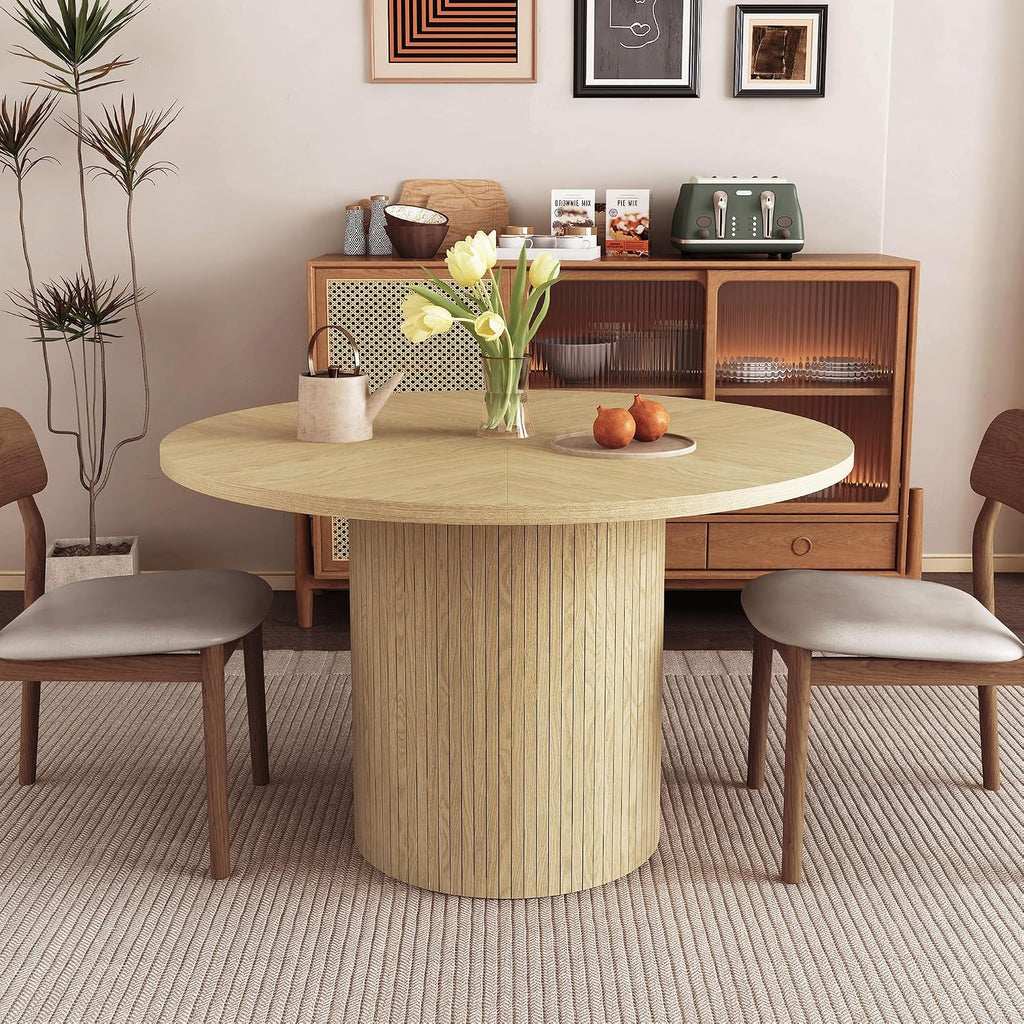weselon Round Dining Table for 4, Modern Farmhouse Kitchen Table, 47 Inch Small Circle Dining Tables with Wood Strip Base for Kitchen Living Room (Natural)