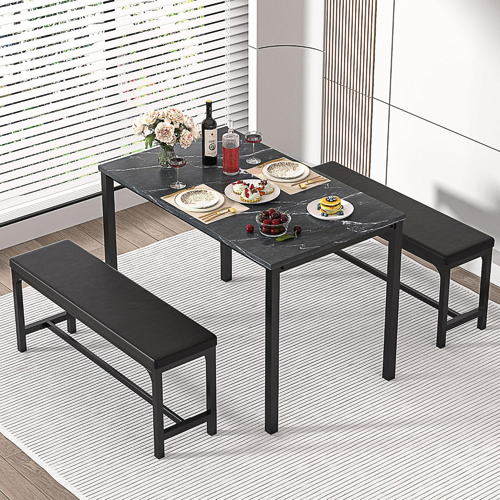 VECELO 3-Piece 63' Extendable Kitchen Table with Benches/Chairs, Modern Breakfast Dinette/Dining Room Set for 4/6/2, Small Space Saving Design, Easy Assembly