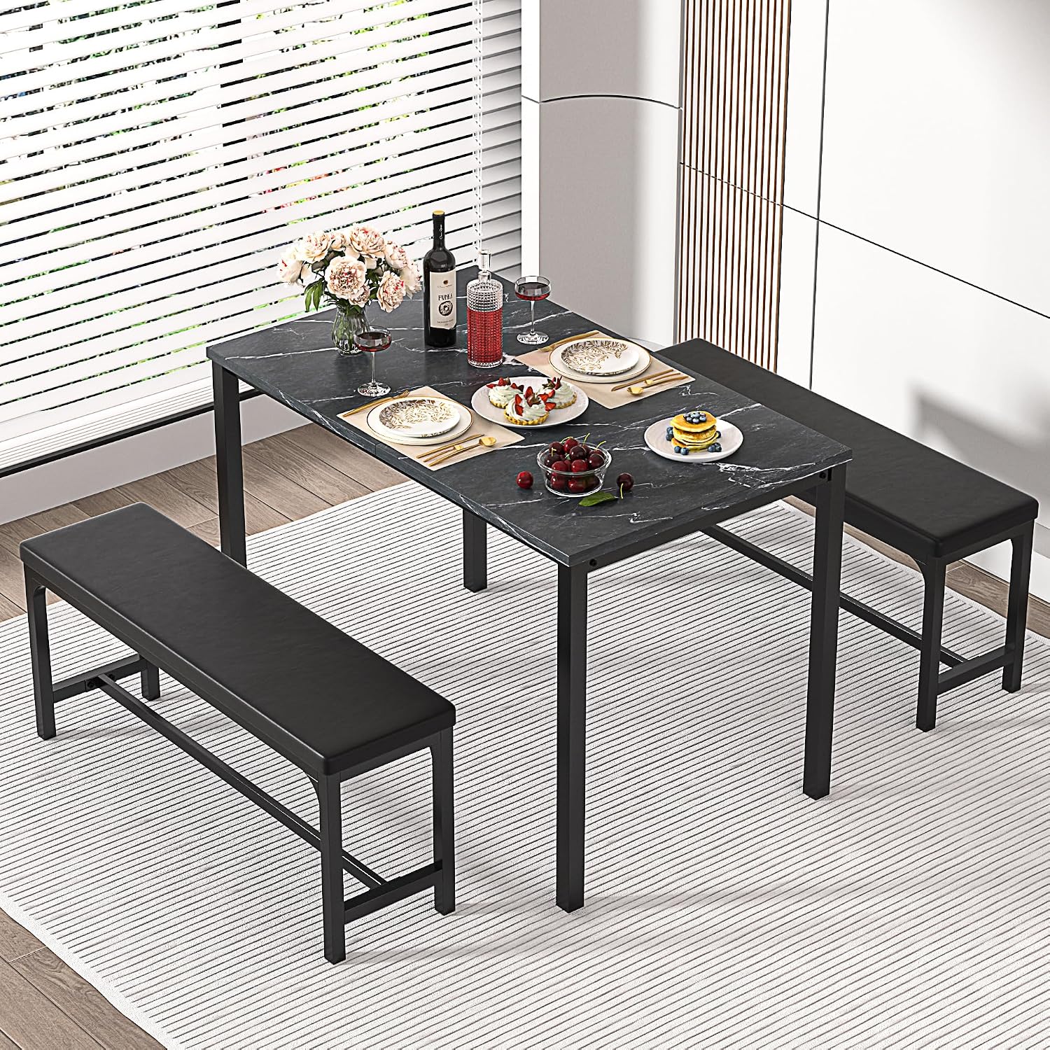 VECELO 3-Piece 63' Extendable Kitchen Table with Benches/Chairs, Modern Breakfast Dinette/Dining Room Set for 4/6/2, Small Space Saving Design, Easy Assembly