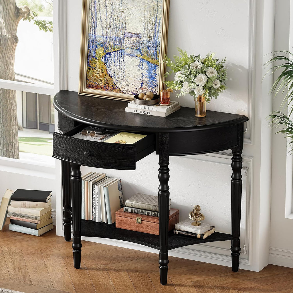 LKTART Farmhouse Half Moon Console Table with Solid Pinewood Frame and Legs,Modern Entryway Table,Small Sofa Table Behind Couch for Living Room,Hallway,Foyer (Black,39')