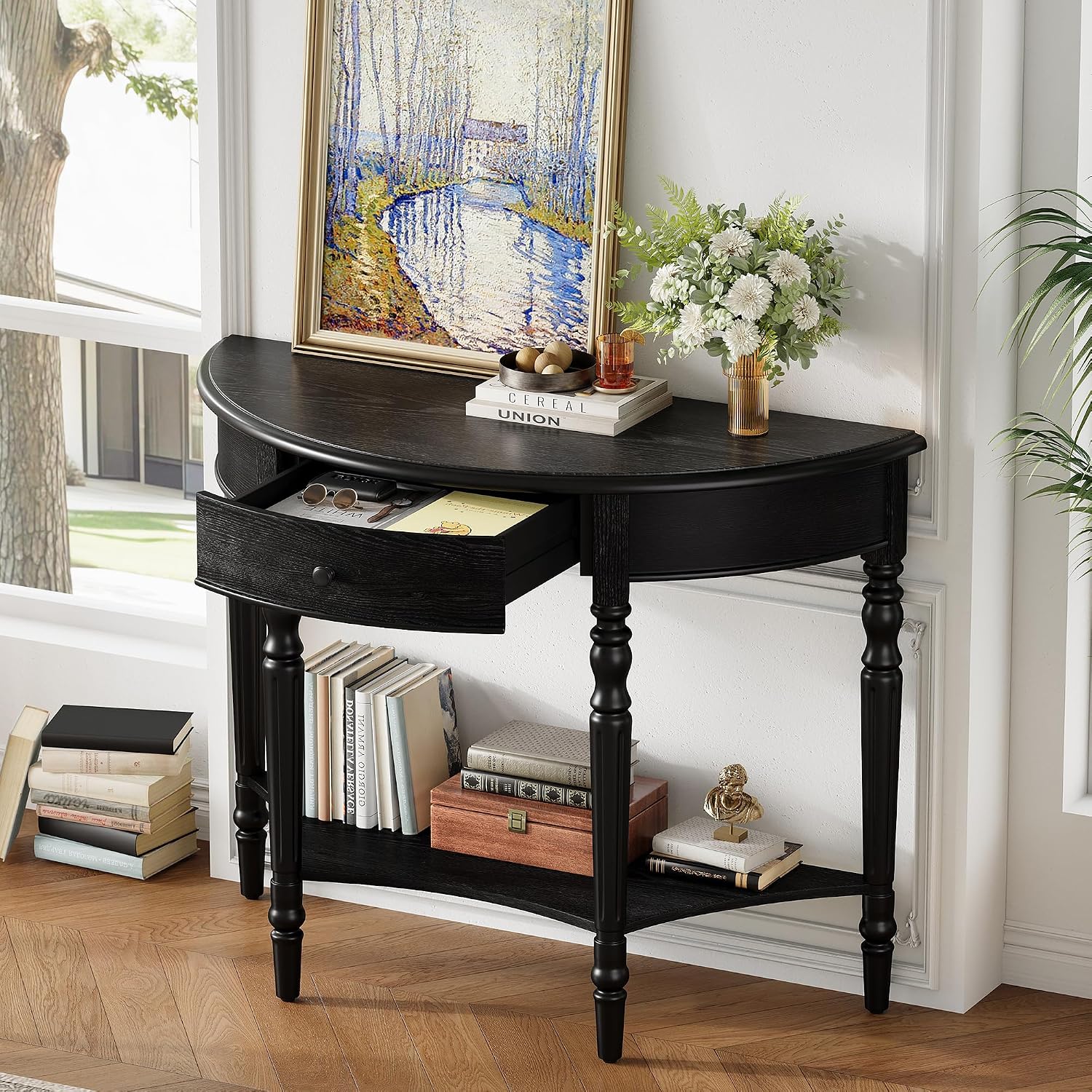 LKTART Farmhouse Half Moon Console Table with Solid Pinewood Frame and Legs,Modern Entryway Table,Small Sofa Table Behind Couch for Living Room,Hallway,Foyer (Black,39')