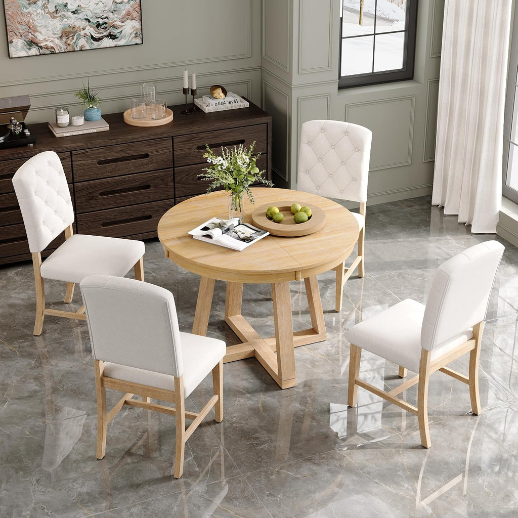 Bellemave 5-Piece Dining Table Set, Extendable Round Dining Table with 16' Removable Leaf, 4 Upholstered Button Tufted Chairs, Acacia Veneer Tabletop (Natural)