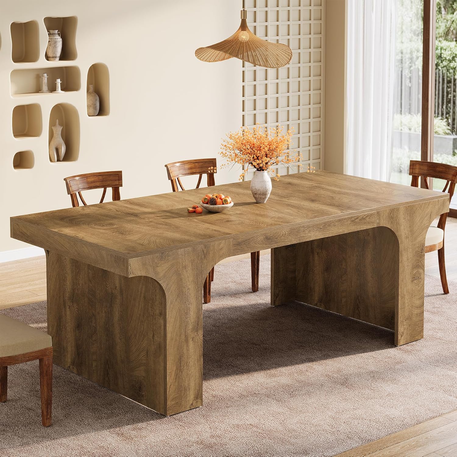 Tribesigns 71-Inch Farmhouse Dining Table for 6-8, Long Wooden Kitchen Table with Arched Design, Large Rectangular Dining Room Furniture with Double Pedestal for Dinner, Banquet, Natural Wood Grain
