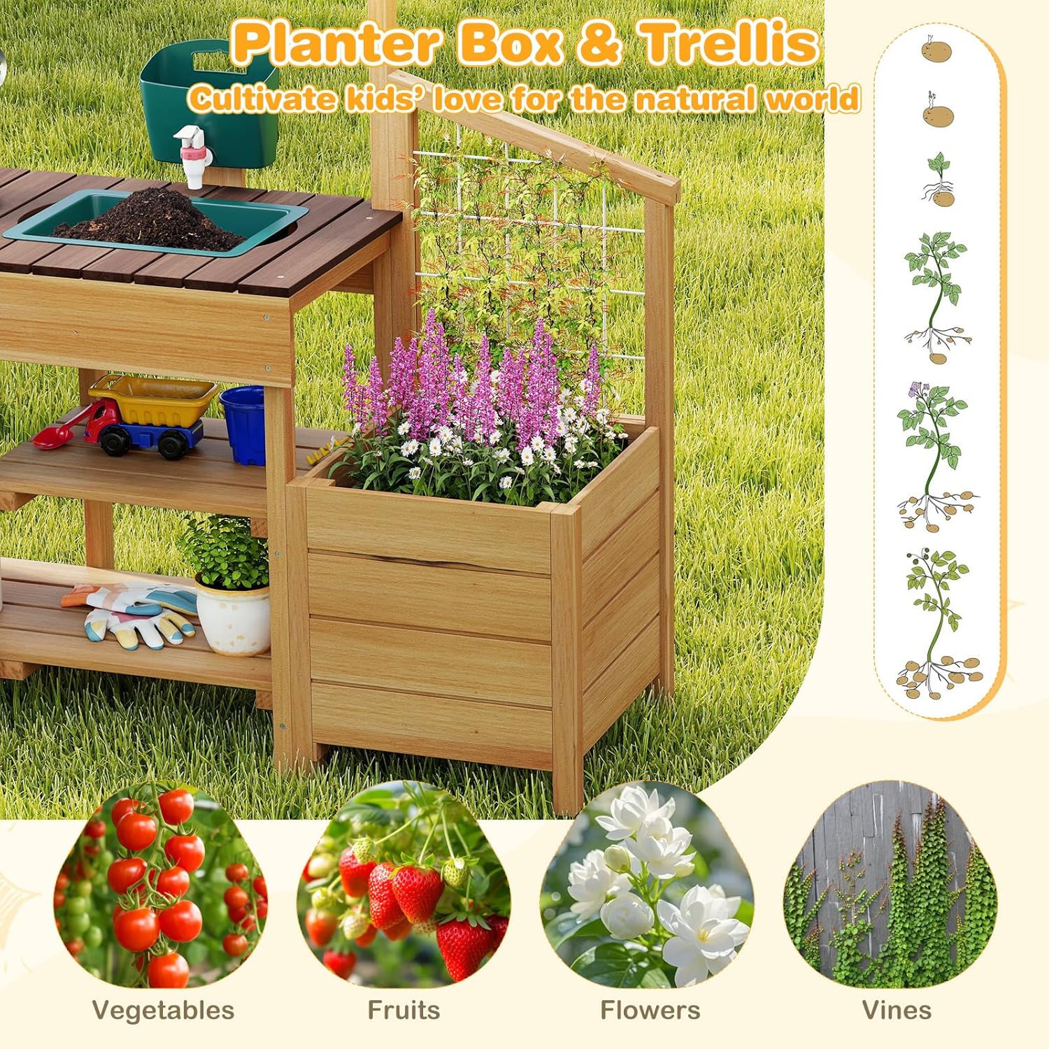 HONEY JOY Mud Kitchen, Cedar Wood Pretend Play Kitchen for Toddlers, Plant Growing Box & Trellis, Real Faucet w/Running Water, Sink, Accessories, Outdoor Kids Kitchen Playset for Garden Fun(Natural)