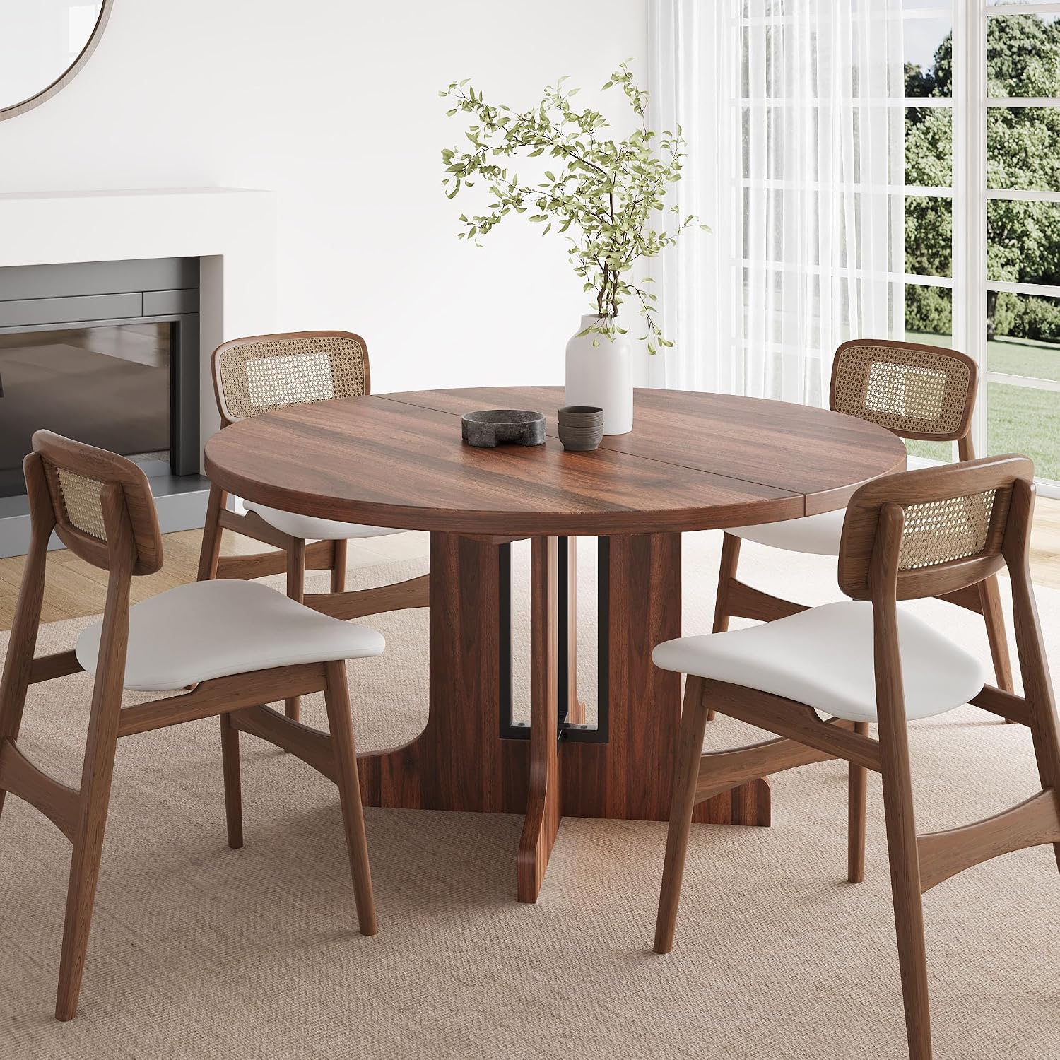 Feonase 59' Round Extendable Dining Room Table for 4-6, Modern Oval Kitchen Table with Heavy Duty Wood Base, Metal Frame Support, for Dining Kitchen Living Room, Easy Assembly, Noise-Free, Walnut