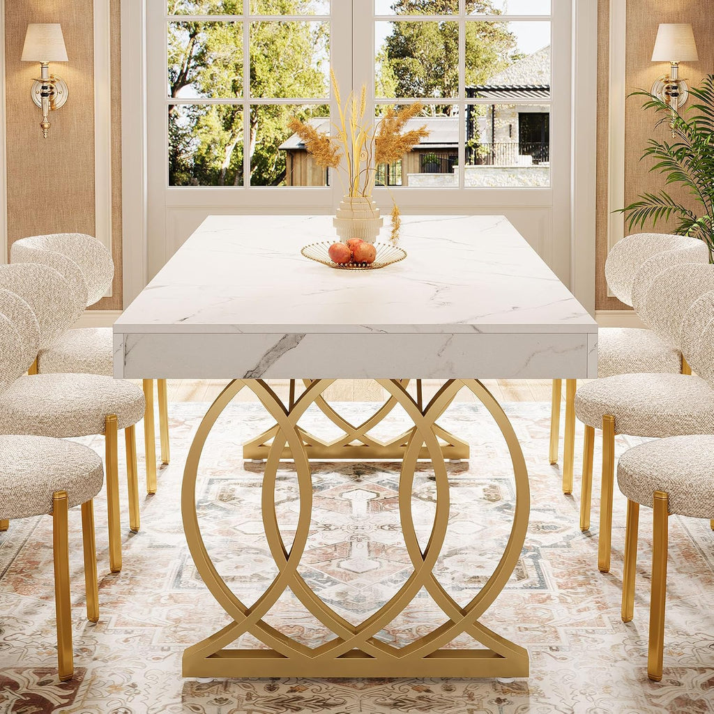 Tribesigns 63-Inch Dining Table for 4-6, Modern Kitchen Table with Faux Marble Tabletop and Geometric Legs, Rectangle Dining Room Furniture for Living Room, Kitchen, White and Gold