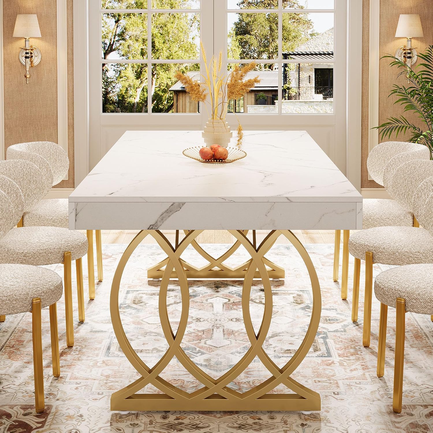 Tribesigns 63-Inch Dining Table for 4-6, Modern Kitchen Table with Faux Marble Tabletop and Geometric Legs, Rectangle Dining Room Furniture for Living Room, Kitchen, White and Gold